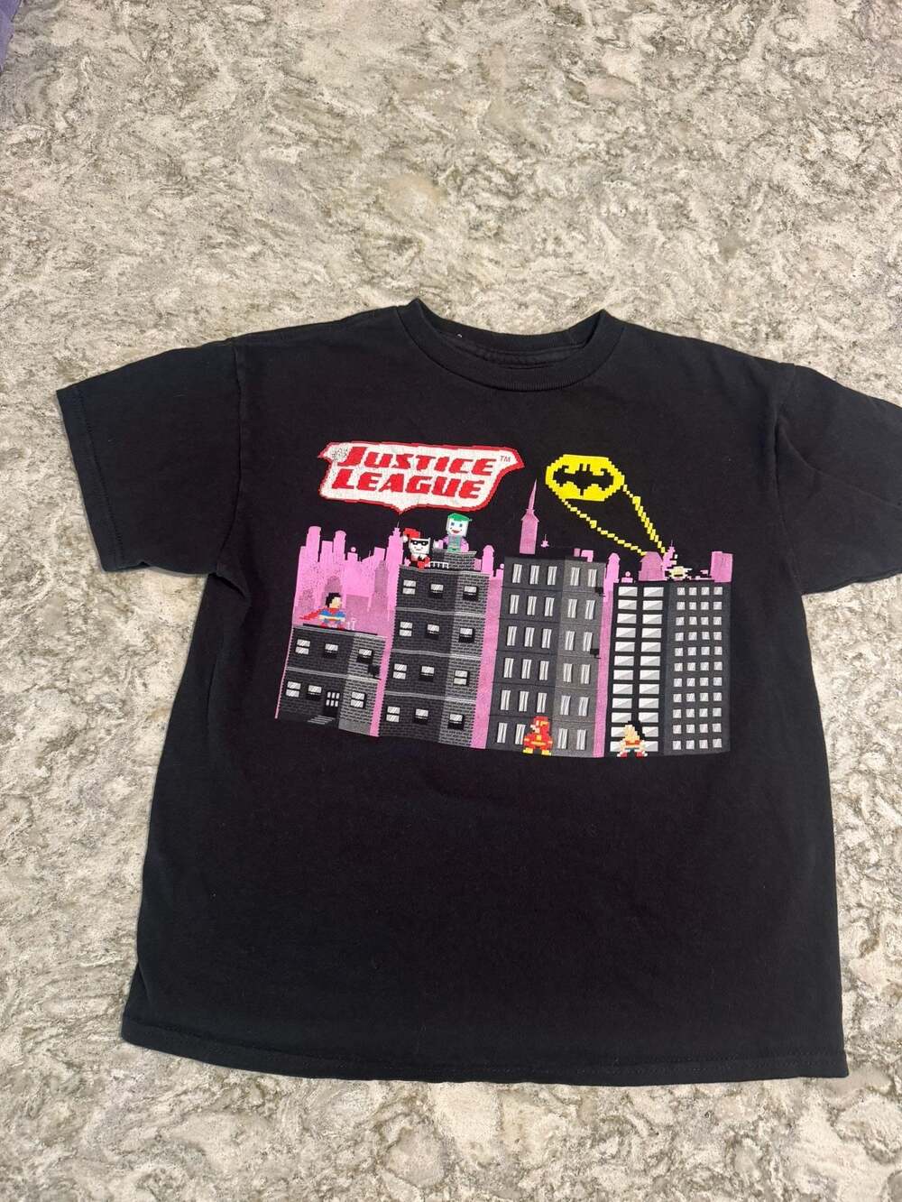 Justice League 8-Bit Pixel Cityscape Graphic T-Shirt Black Youth Size 8